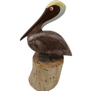 Hand Carved Wooden Pelican Bird Stump Primitive 7.5"